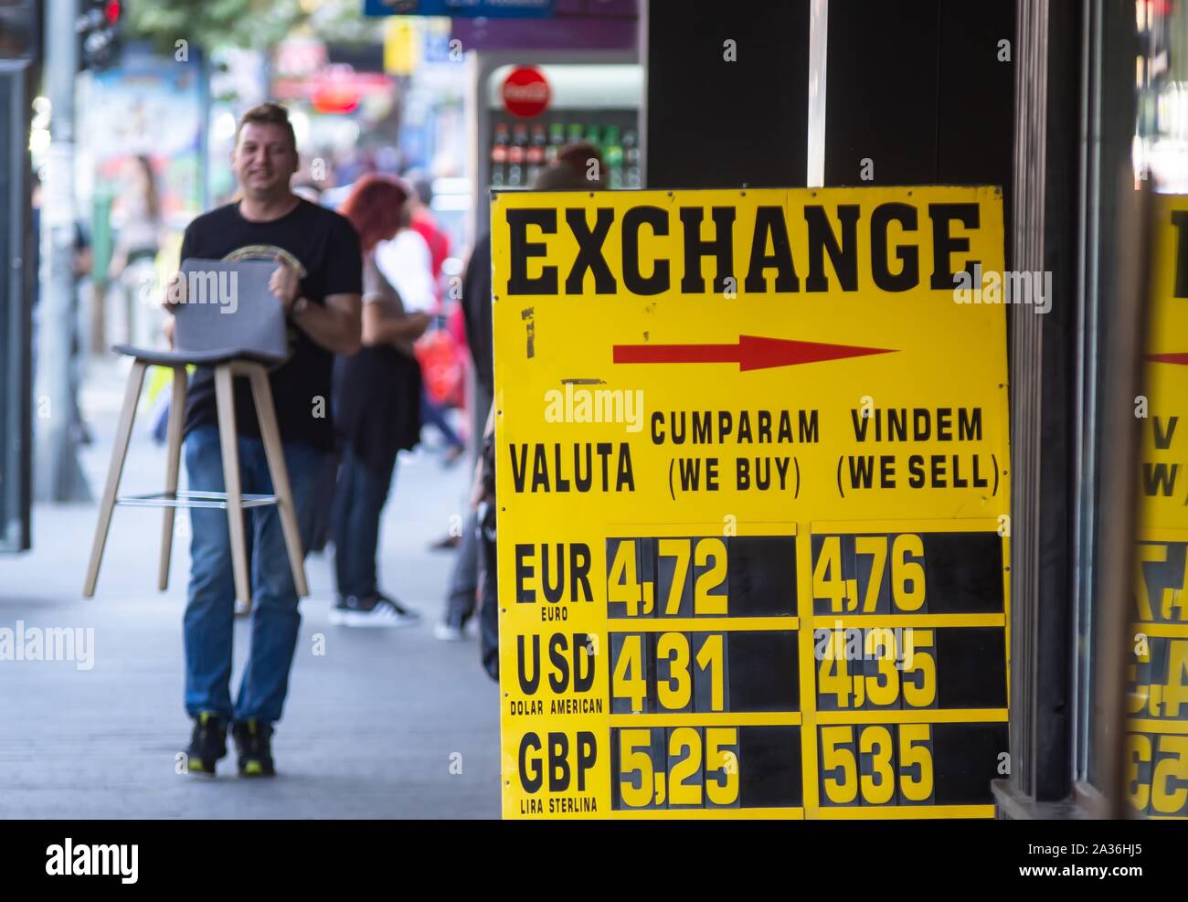 Bucharest, Romania - September 30, 2019: The exchange rate of the main currencies is displayed on a yellow board at the entrance of a currency exchang Stock Photo