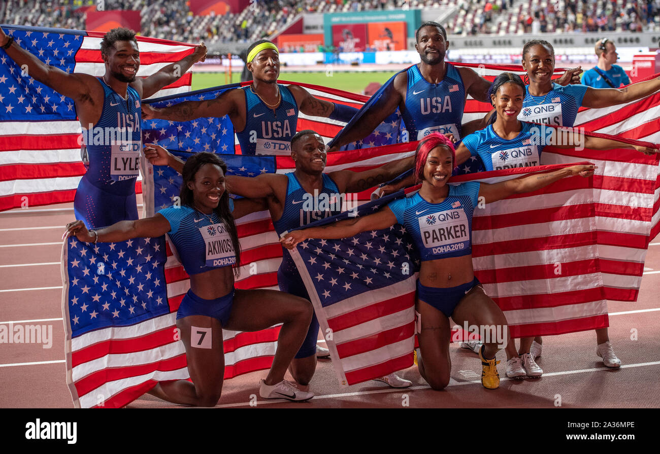 USA men and women's 4x100m relay team's celebrate on day 9 of the 17th IAAF World Athletics Championships Doha 2019 at Khalifa International Stadium. Credit: SOPA Images Limited/Alamy Live News Stock Photo