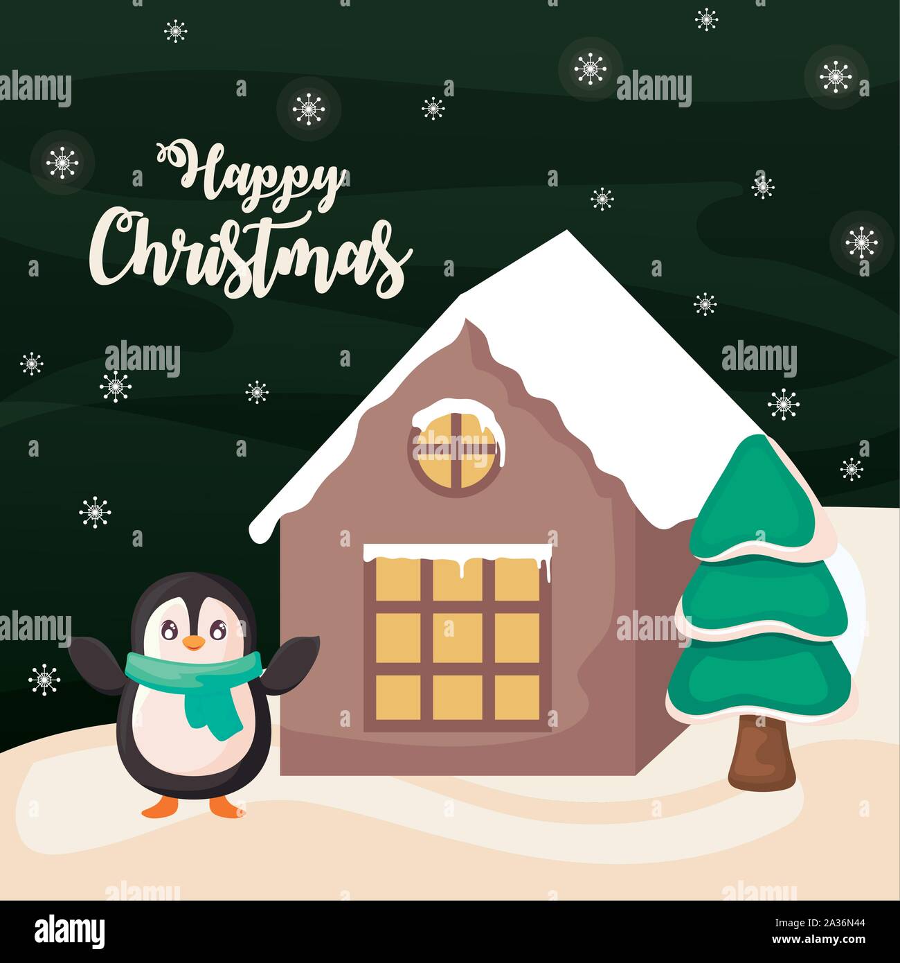 happy christmas label with penguin and house on winter landscape vector  illustration design Stock Vector Image & Art - Alamy