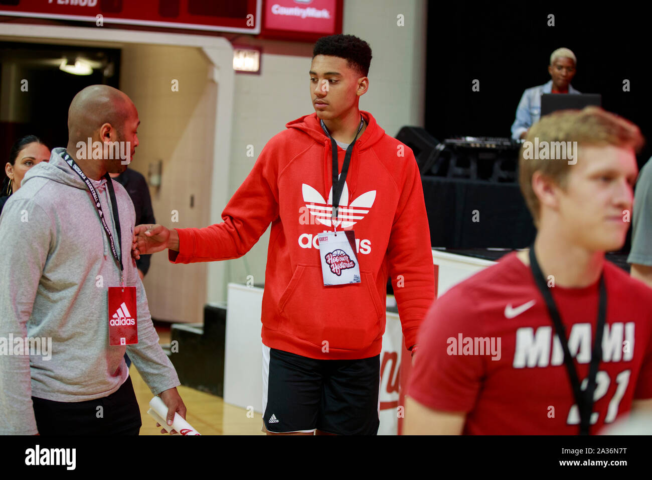 Indiana University basketball recruit Trey Kaufman visits Assembly Hall during Hoosier Hysteria, Saturday, October 5, 2019 in Bloomington, Ind. The Hoosier Hysteria event officially kicks off basketball season at Indiana University whose team has won five national division 1 NCAA basketball titles. (Photo by Jeremy Hogan/The Bloomingtonian) Stock Photo