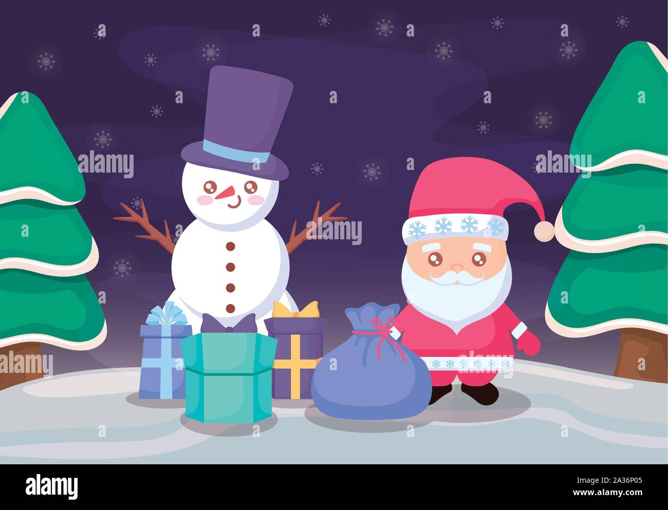 santa claus with snowman on winter landscape vector illustration design ...