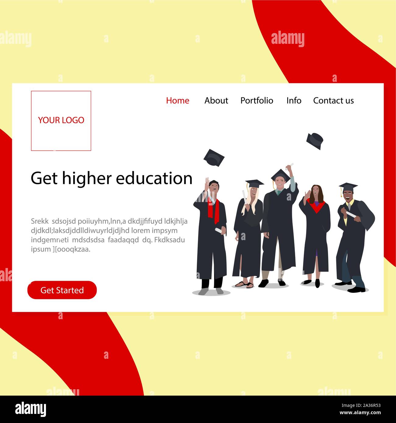 Get higher education landing page. Happy students in black gown throw up hats. Illustration education finish in university, webpage college or school Stock Vector