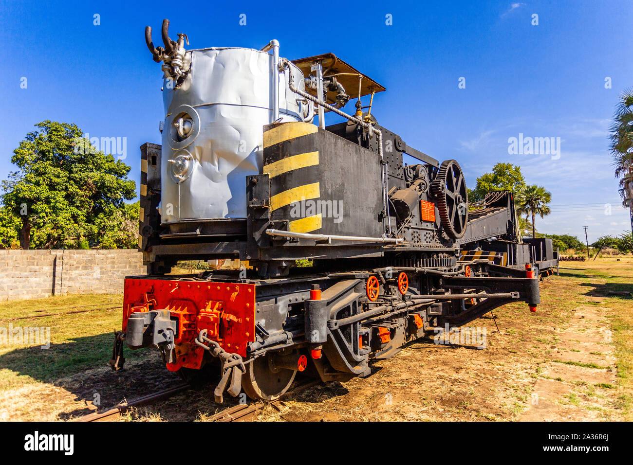 Old retro preserved locomotive train standing on the railroad in Livingstone, Zambia Stock Photo