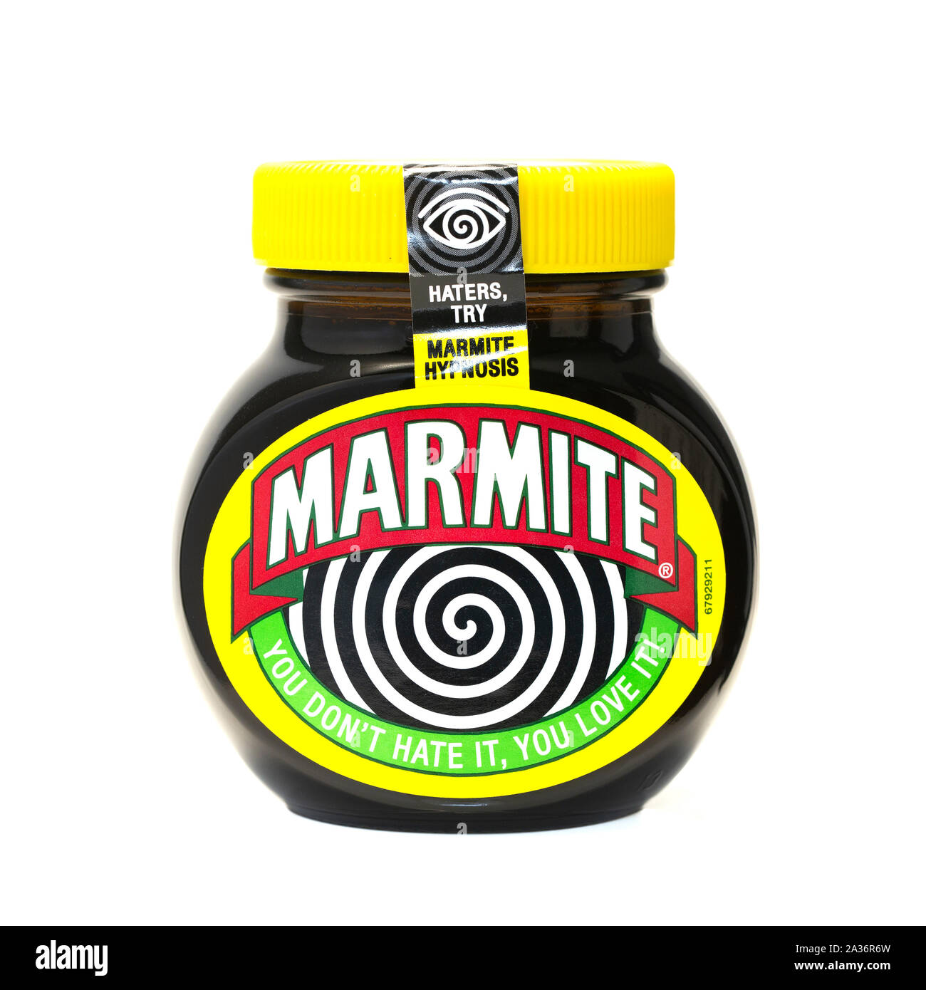 SWINDON, UK - OCTOBER 5, 2019: Jar of Hypnosis Marmite on a white background, You don’t hate it , You love it Stock Photo