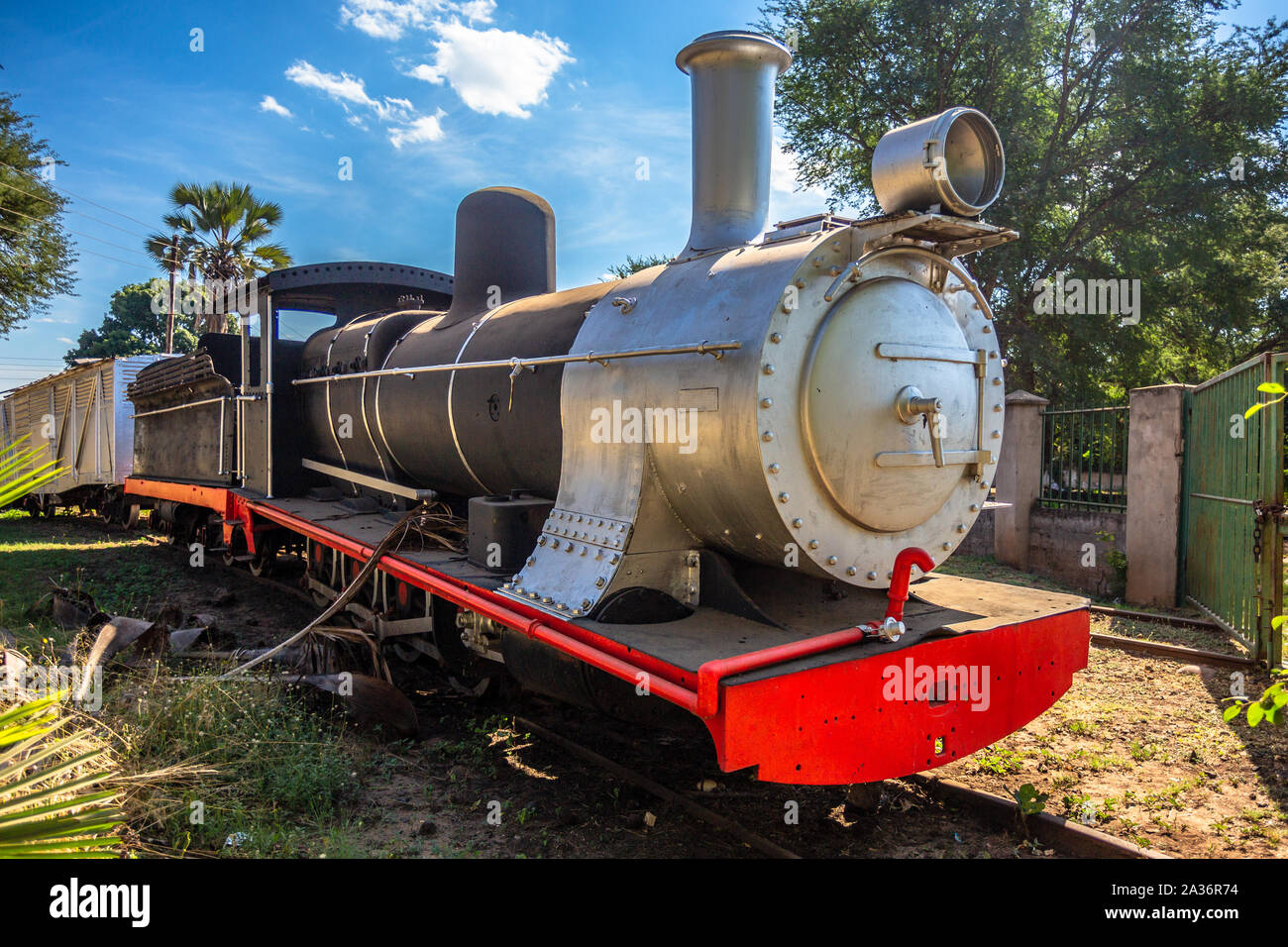 Old retro preserved locomotive train standing on the rails in Livingstone, Zambia Stock Photo