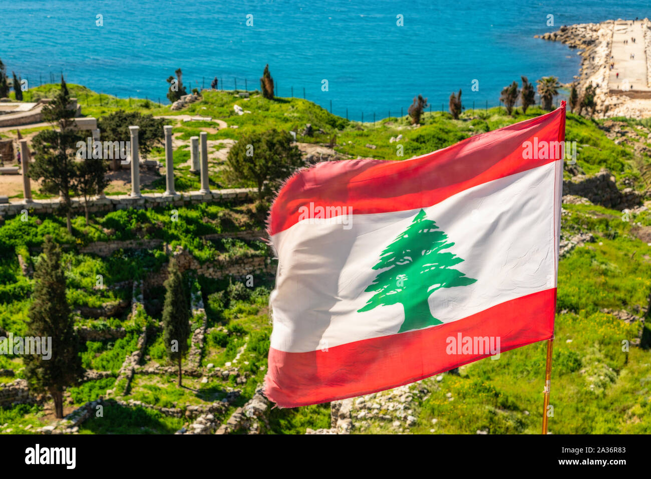 Lebanese red and white with green cedar tree flag waving on the wind with  sea in the background, Byblos, Lebanon Stock Photo - Alamy