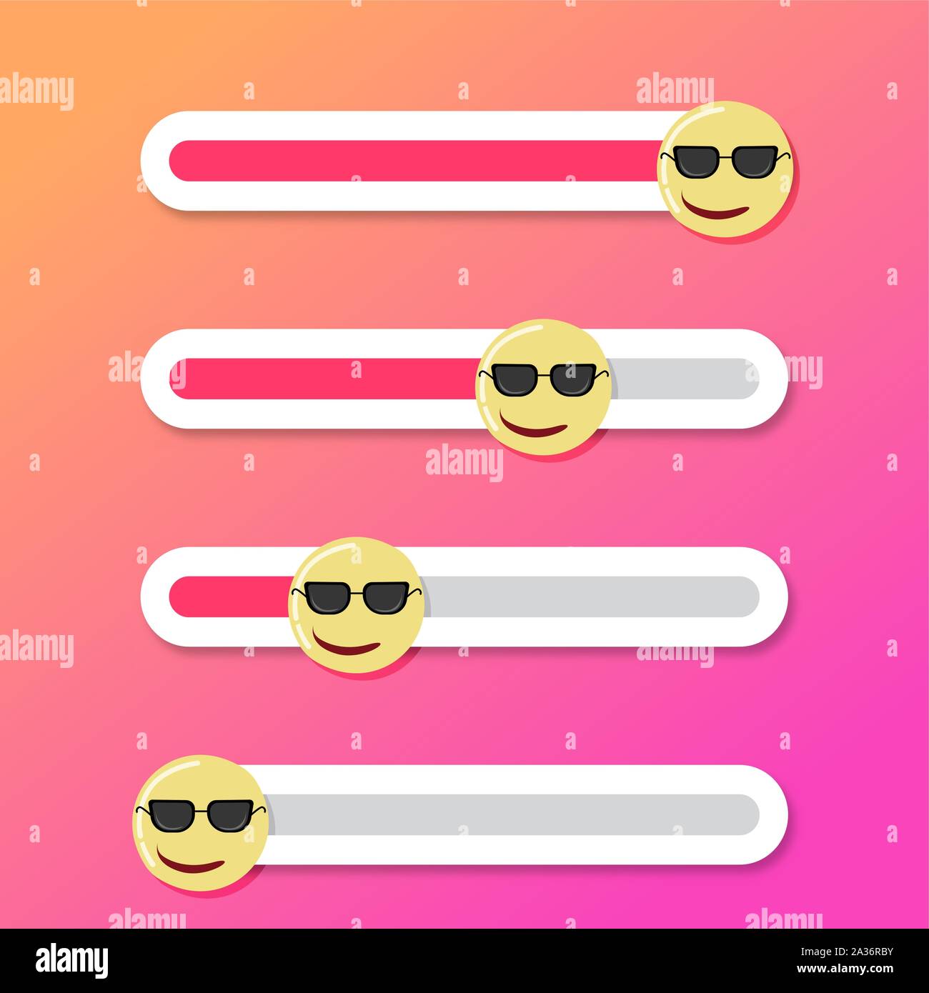 Serious and confident smile slider fo mobile app. Vector yellow emoji indicator for message in story, button slider response to photo post illustratio Stock Vector