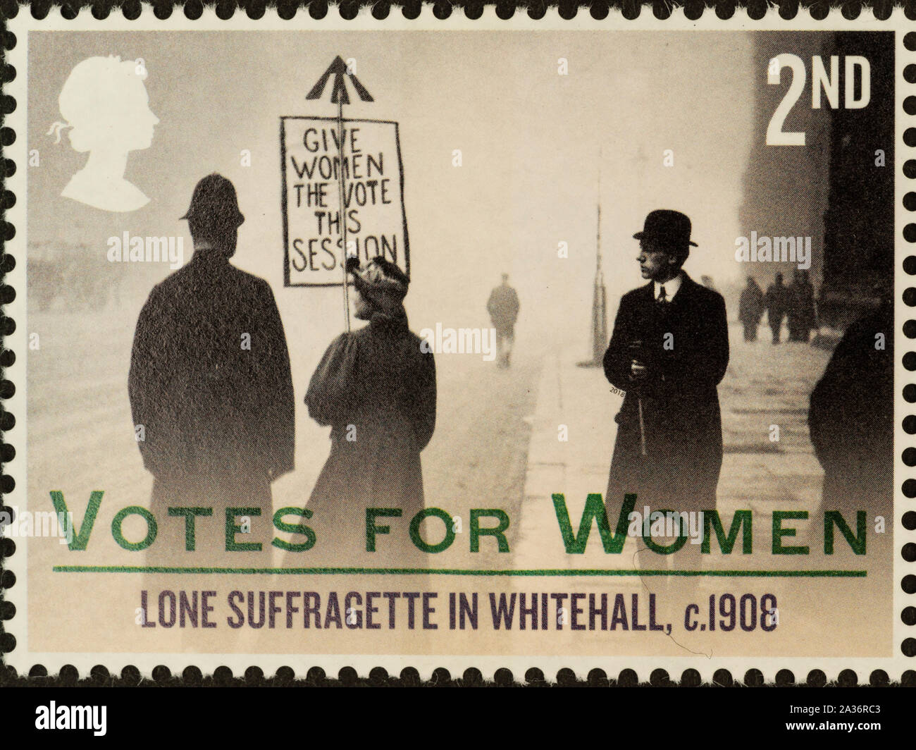 Votes for women stamp, published in February 15, 2018, by Royal Mail, UK. Private Collection. Its design is featured photograph of campaigning in the decade before the right to vote passing 1918 Representation of the People Act. Lone suffragette in Whitehall, c1908. Stock Photo