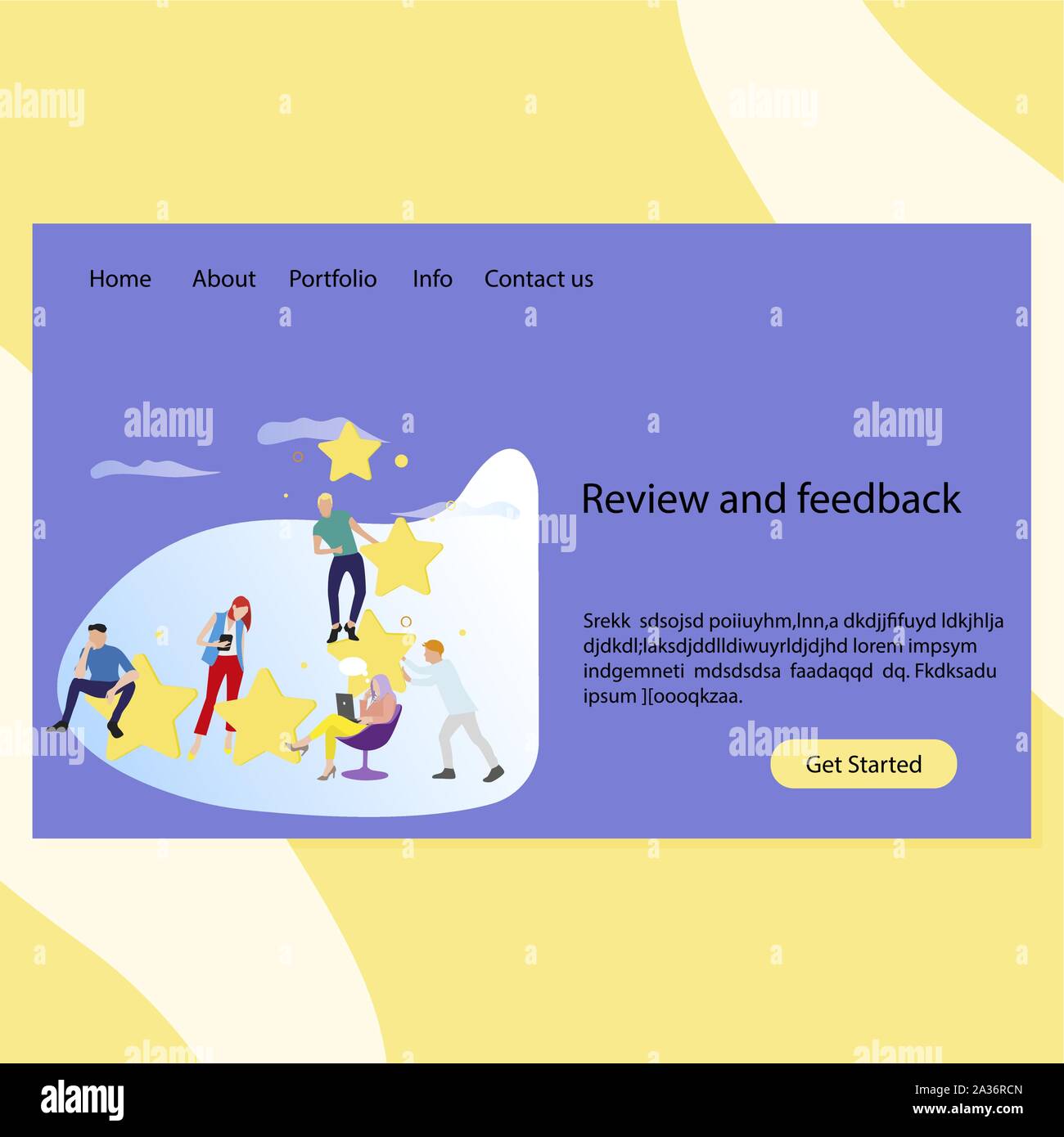 Review and feedback landing page homepage template. Website with ranking and result vote, review stars quality illustration vector Stock Vector