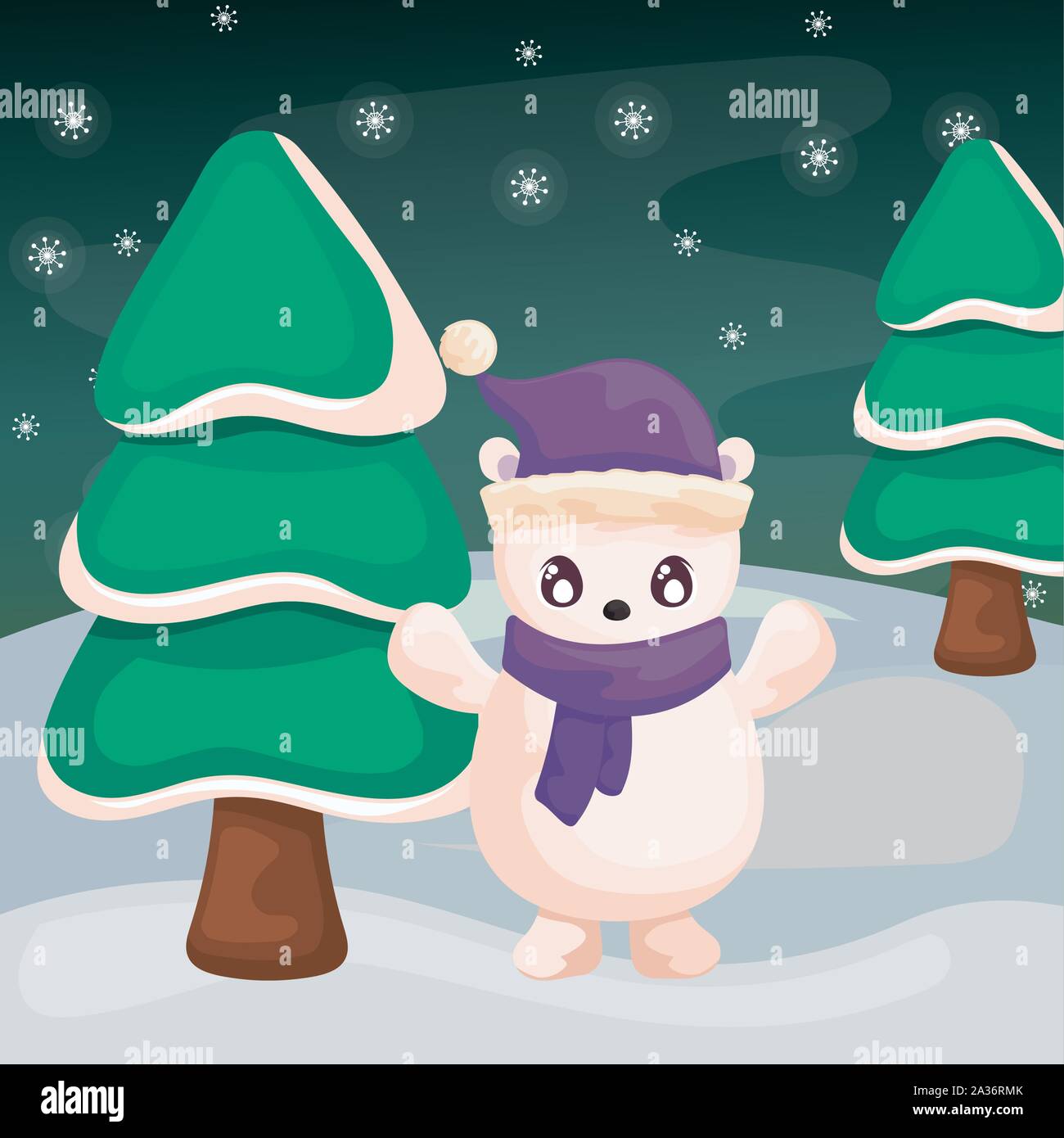 polar bear with christmas tree on winter landscape vector illustration ...
