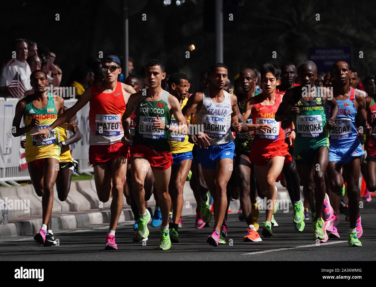 Doha, Qatar. 5th Oct, 2019. Athletes compete during the Men's Marathon at the 2019 IAAF World Athletics Championships in Doha, Qatar, Oct. 5, 2019. Credit: Wang Jingqiang/Xinhua/Alamy Live News Stock Photo