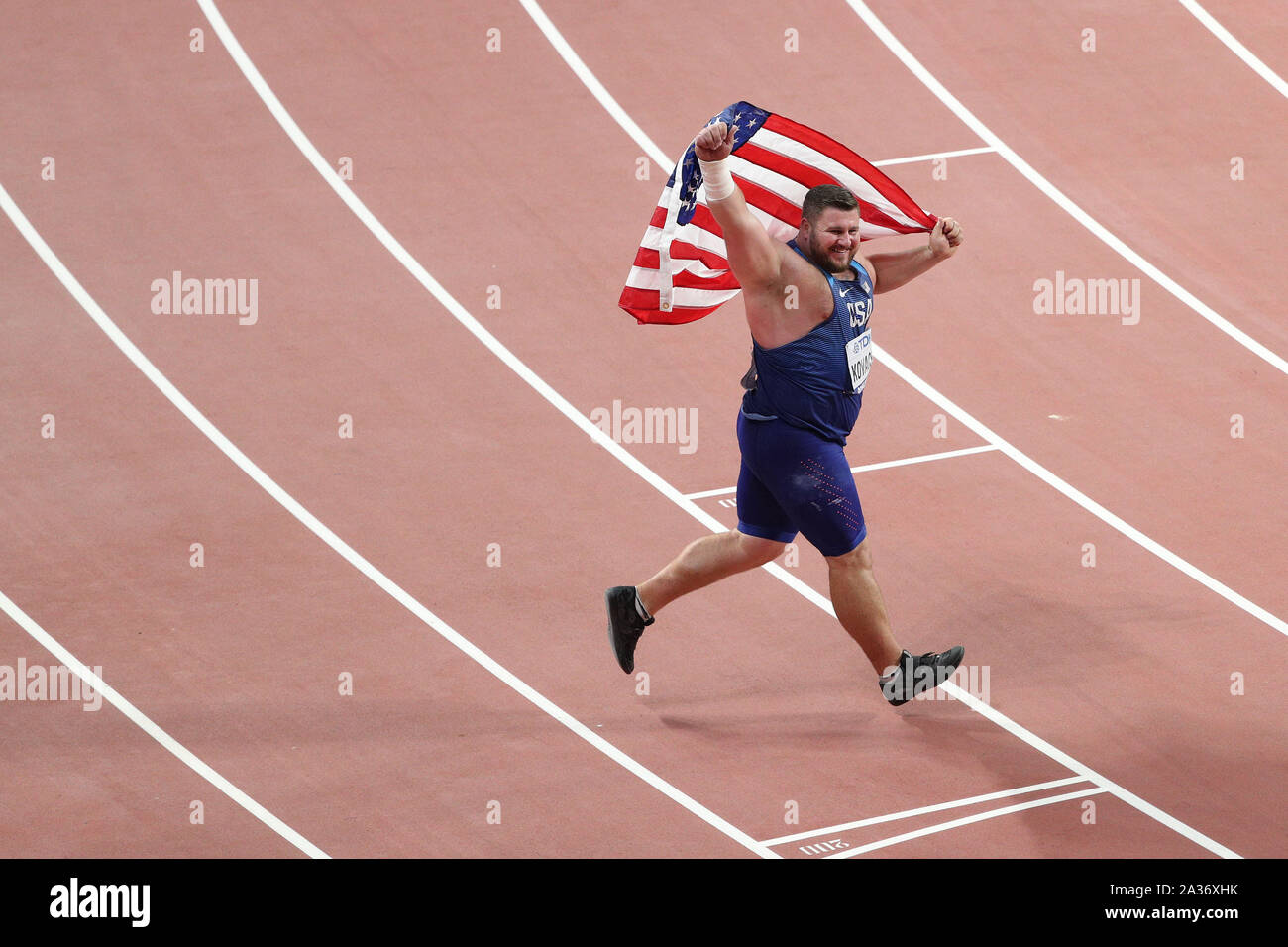 Doha, Qatar. 5th Oct, 2019. Joe Kovacs of the United States celebrates