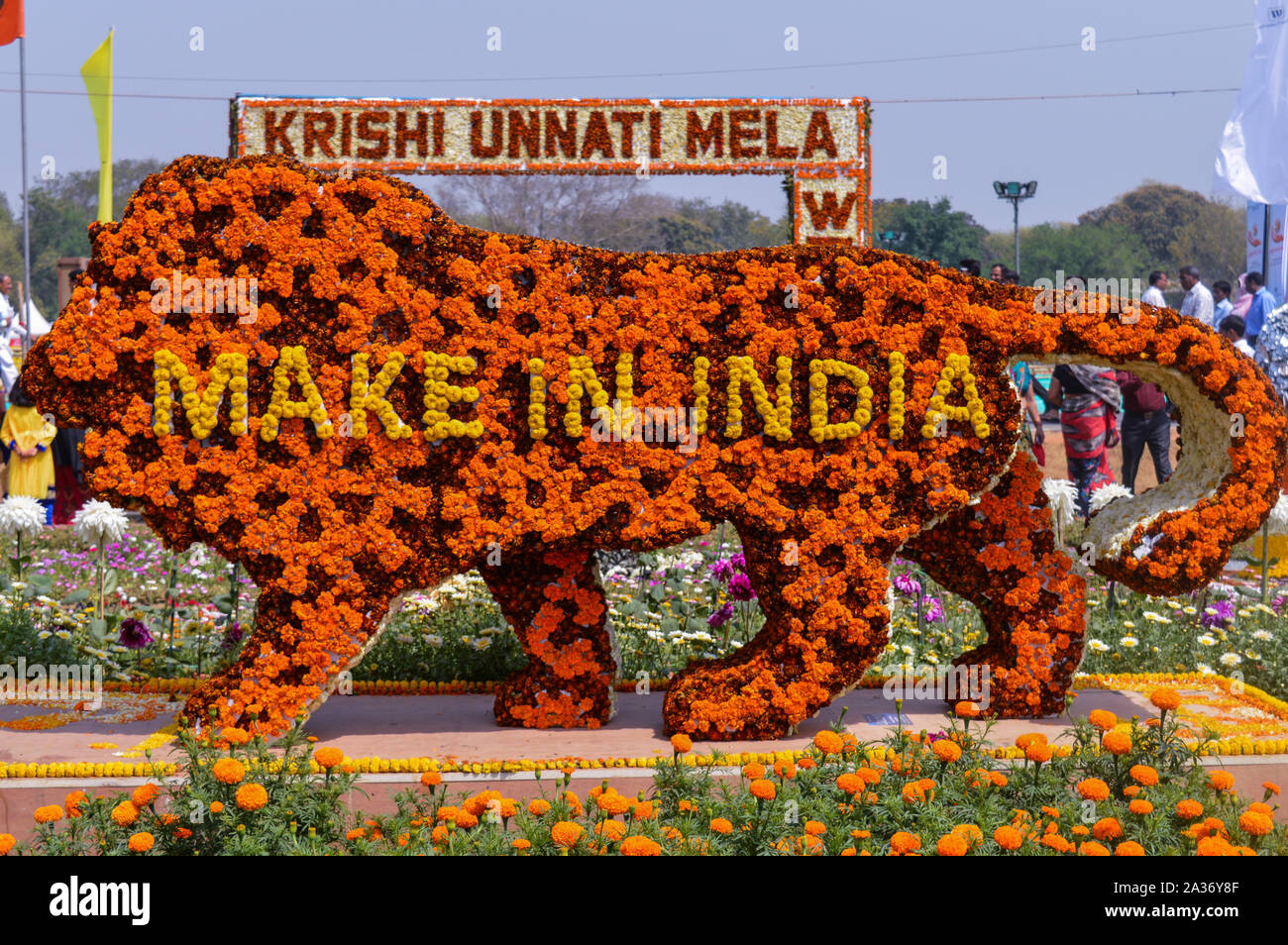 The lion which is made of cotton and news paper, flowers are there for exhibition at pusa, agriculture festival, new delhi. Stock Photo