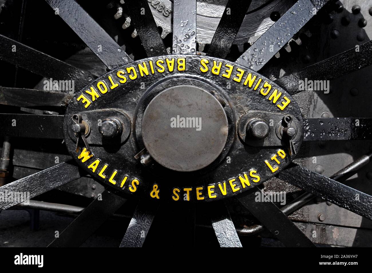 Close up of nameplate on a Wallis steam traction engine at Tyseley Railway Centre, Birmingham, UK Stock Photo