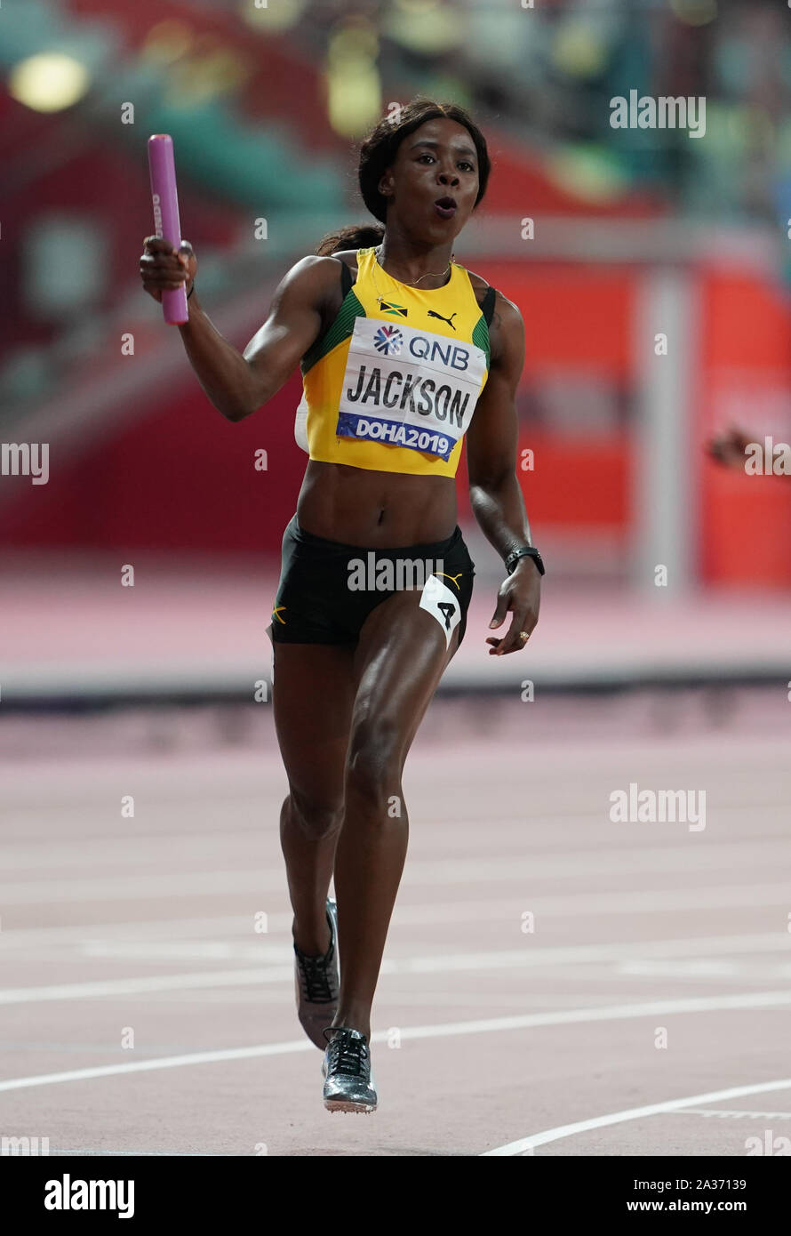 Doha, Qatar. 5th Oct, 2019. Shericka Jackson of Team Jamaica celebrates