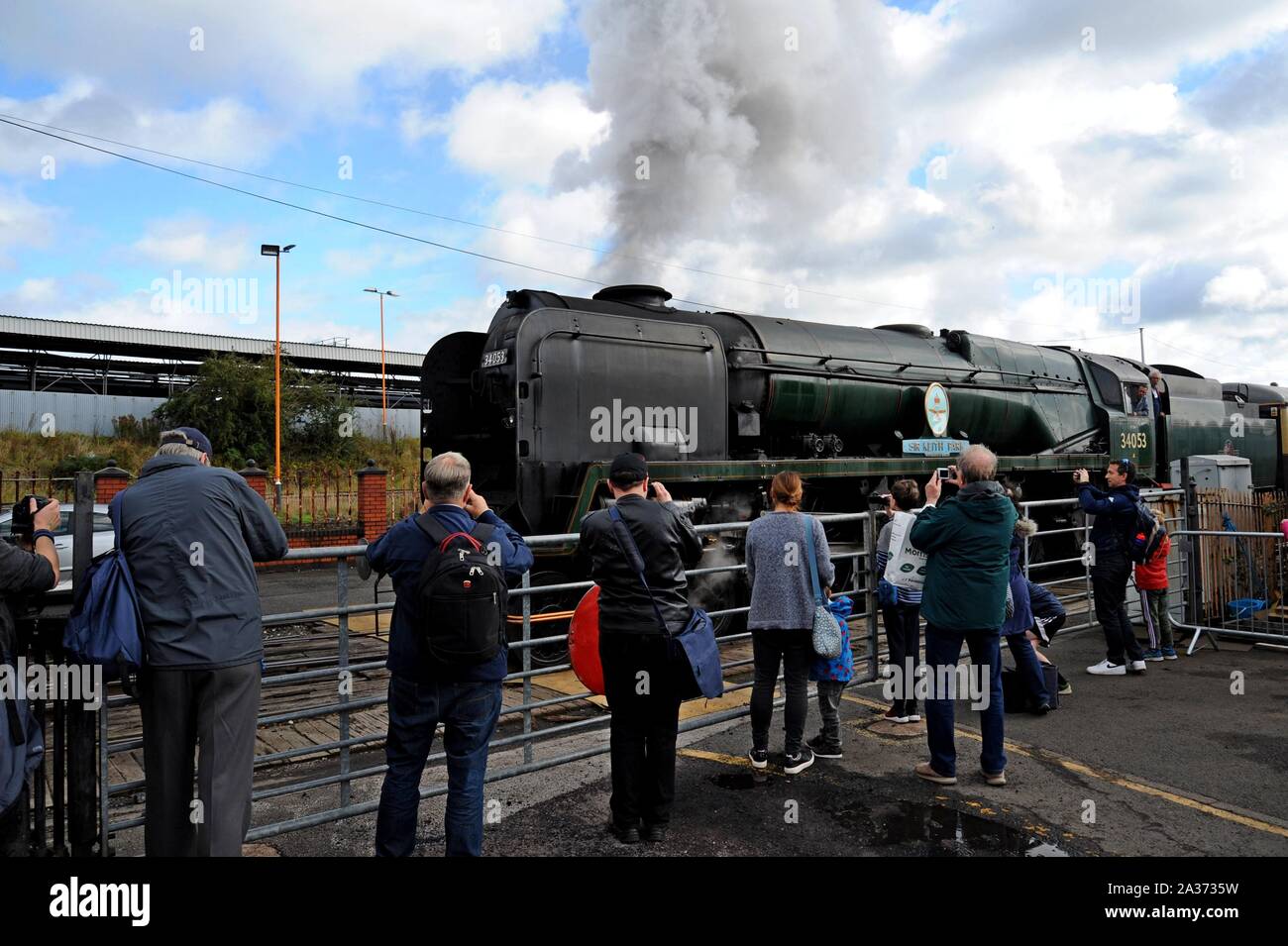 Rail enthusiasts photograph ex Souther Railway steam locomotive 'Sir Keith Park' at Tyseley Railway Centre, Birmingham, UK Stock Photo