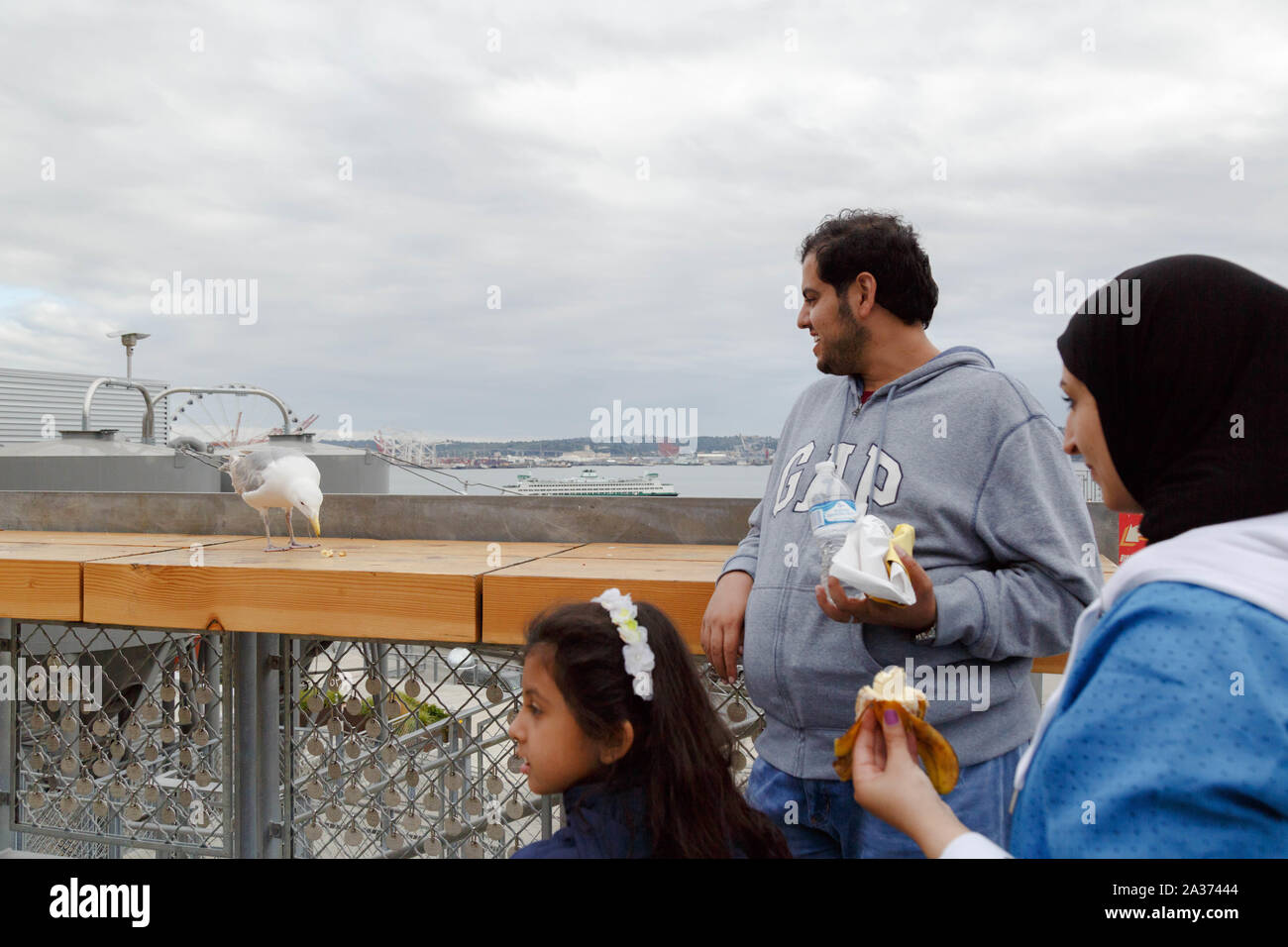 A family interacts with a wild seagull by feeding their food at the Pike Place Market observation deck overlooking Puget Sound in Seattle,USA. Stock Photo