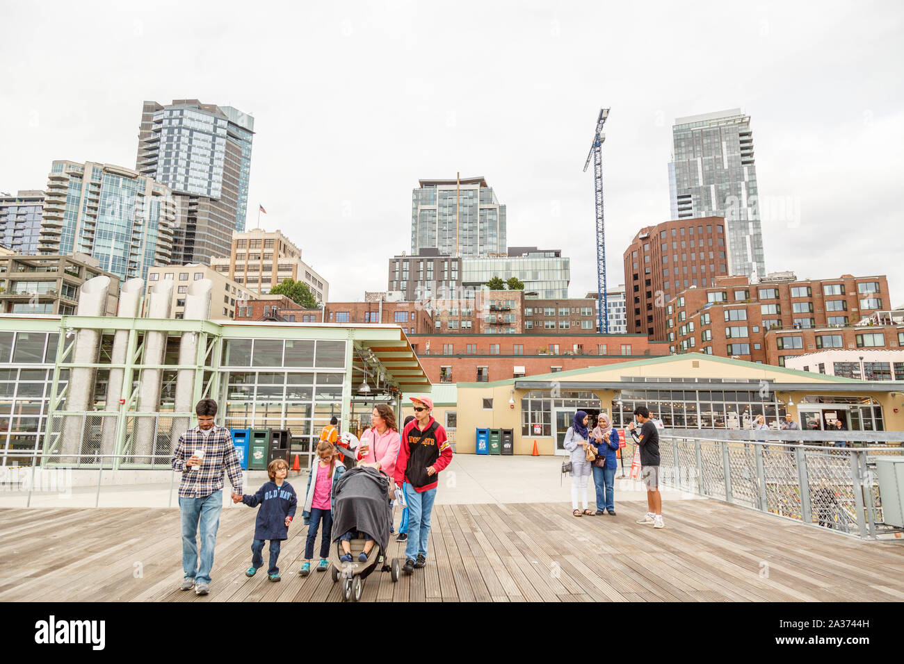 Seattle, Washington, USA. The upper deck of Pike Place Market where visitors can enjoy uninterrupted view of the Puget Sound. Stock Photo