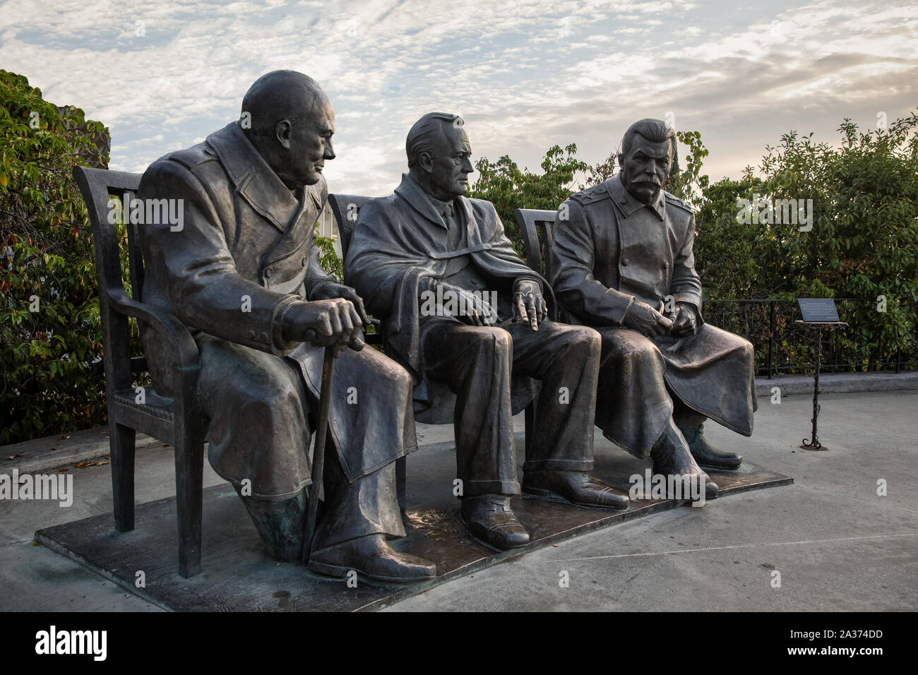 Stalin, Roosevelt, Churchill monument. Livadia palace. Crimea Stock Photo