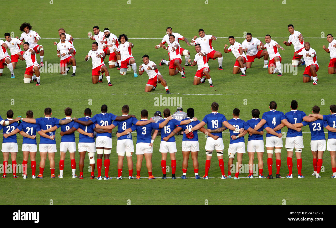 Tonga players perform the Sipi Tau ahead of the 2019 Rugby World Cup Pool C match at Kumamoto Stadium. Stock Photo