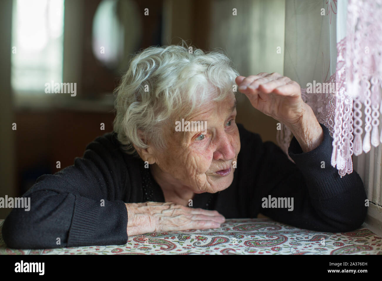 Old grayheaded woman sits in a house near the window Stock Photo Alamy