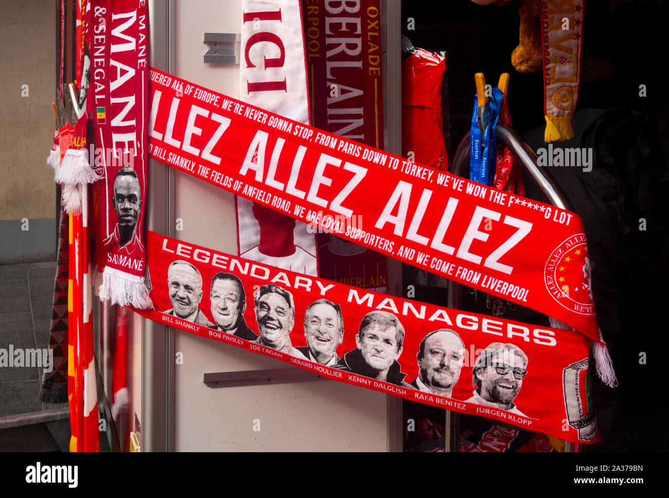 Scarf with photos of Liverpool legendary football managers Stock Photo