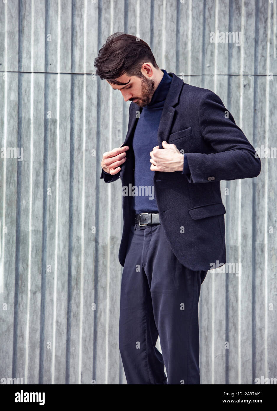 Fashion Beard Style Business Handsome Man Posing In Style Jacket On Street Wall Outdoors Background Closeup Profile View Stock Photo Alamy