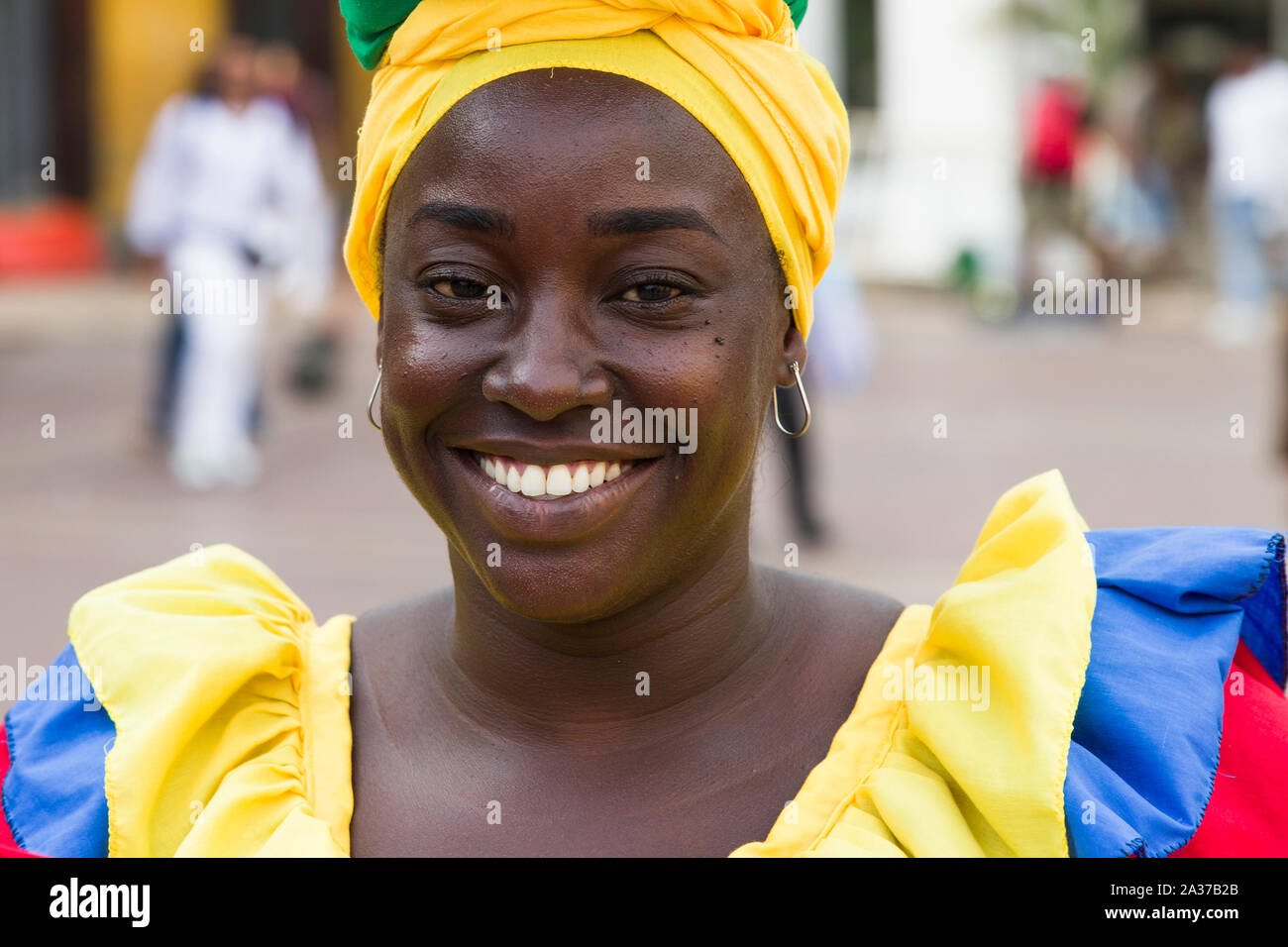 Unidentified palenquera, fruit seller lady on the street of Cartagena, Colombia Stock Photo