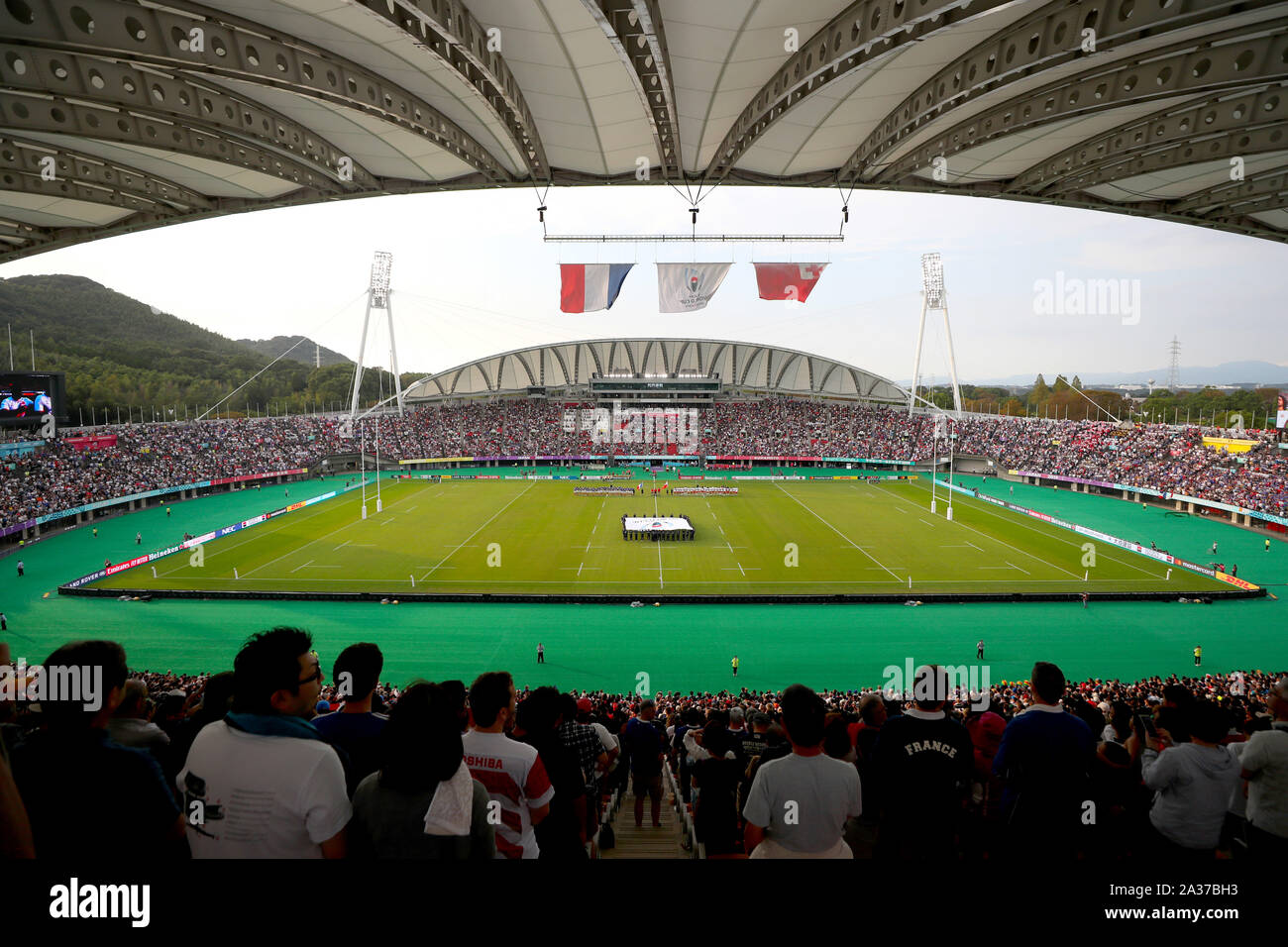 Players line up ahead of the 2019 Rugby World Cup Pool C match at Kumamoto Stadium. Stock Photo