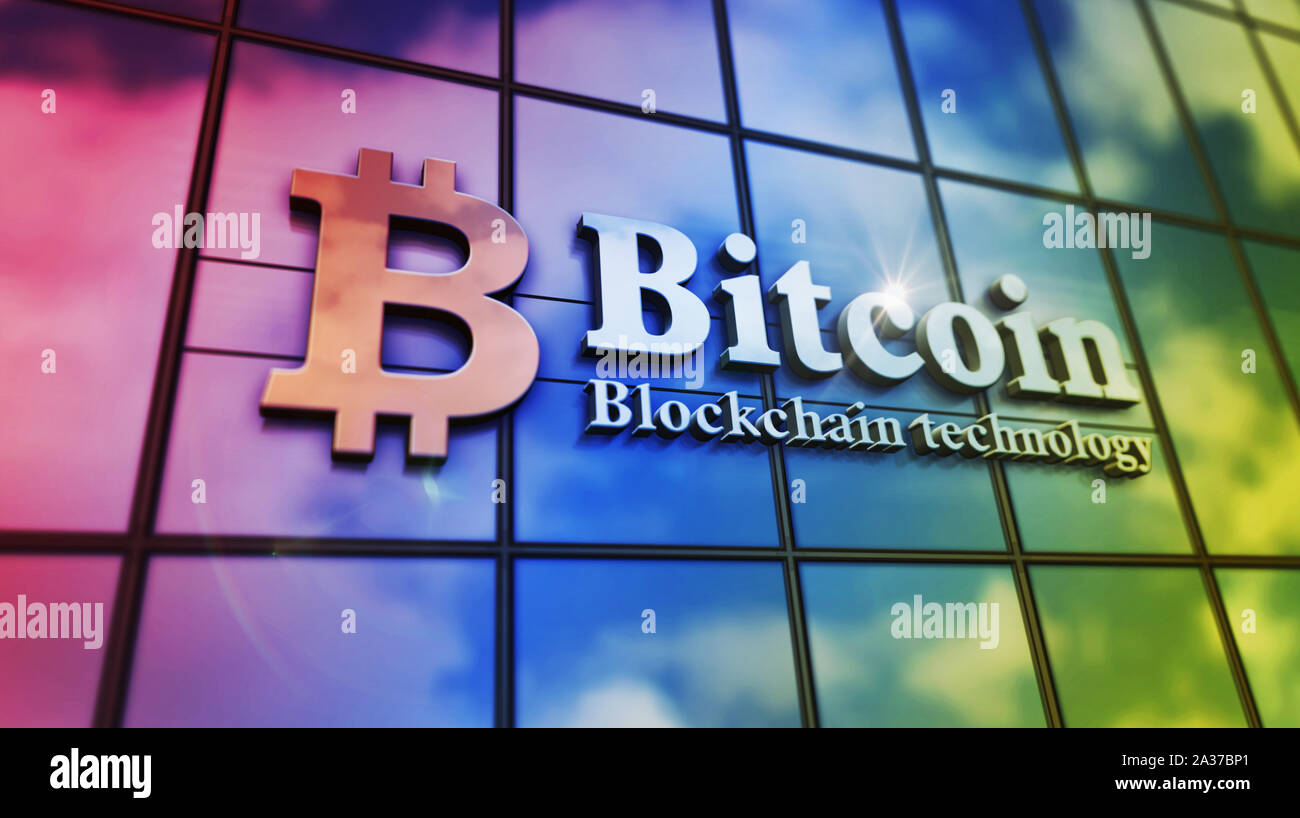 Bitcoin Blockchain technology on glass building. Mirrored sky and city on  modern facade. Cyber business, cryptocurrency, virtual money and digital  fin Stock Photo - Alamy