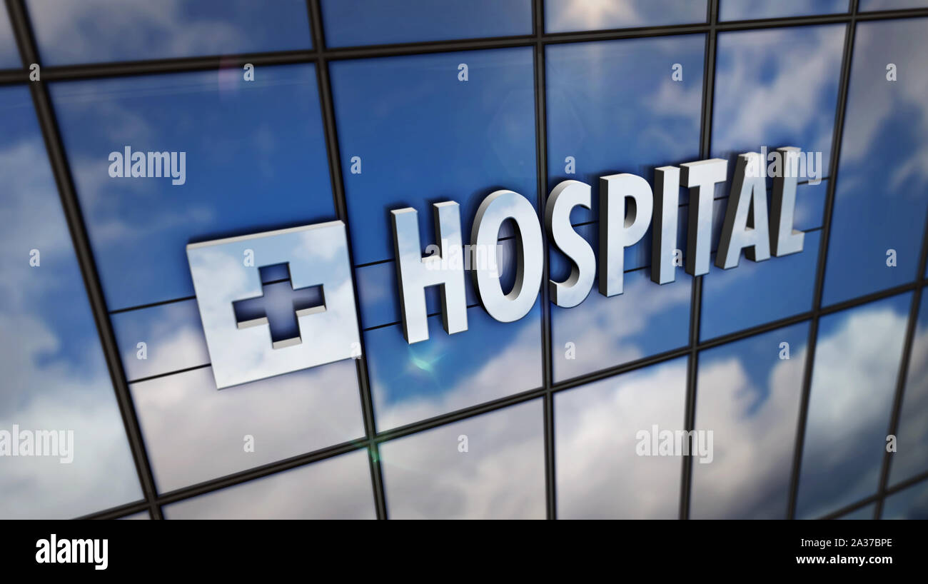 Hospital glass building. Mirrored sky and city on modern facade. Health