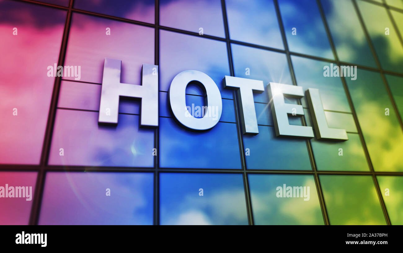 Hotel sign on glass building. Mirrored sky and city on modern facade