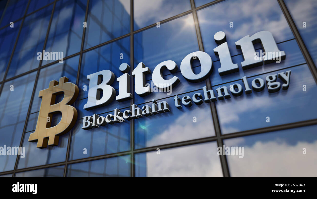 Bitcoin Blockchain technology on glass building. Mirrored sky and city on  modern facade. Cyber business, cryptocurrency, virtual money and digital  fin Stock Photo - Alamy