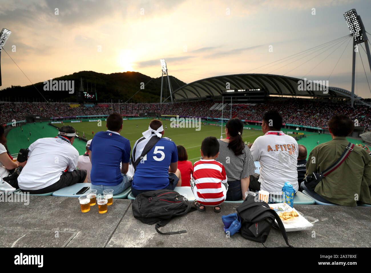 Fans watch the action during the 2019 Rugby World Cup Pool C match at Kumamoto Stadium. Stock Photo