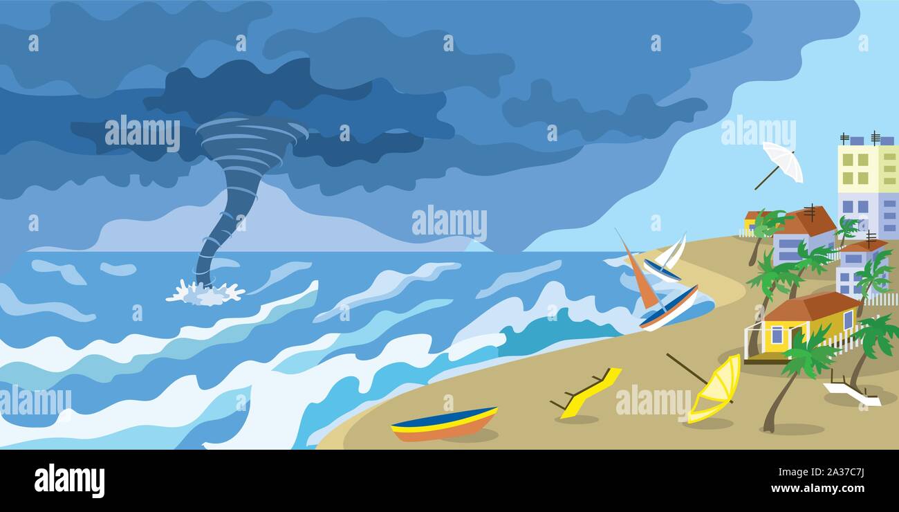 Storm tornado at city beach concept banner. Flat illustration of storm tornado at city beach vector concept banner for web design Stock Vector