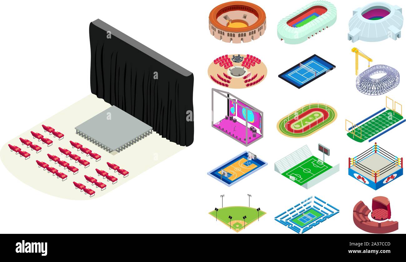Arena icons set. Isometric set of arena vector icons for web design