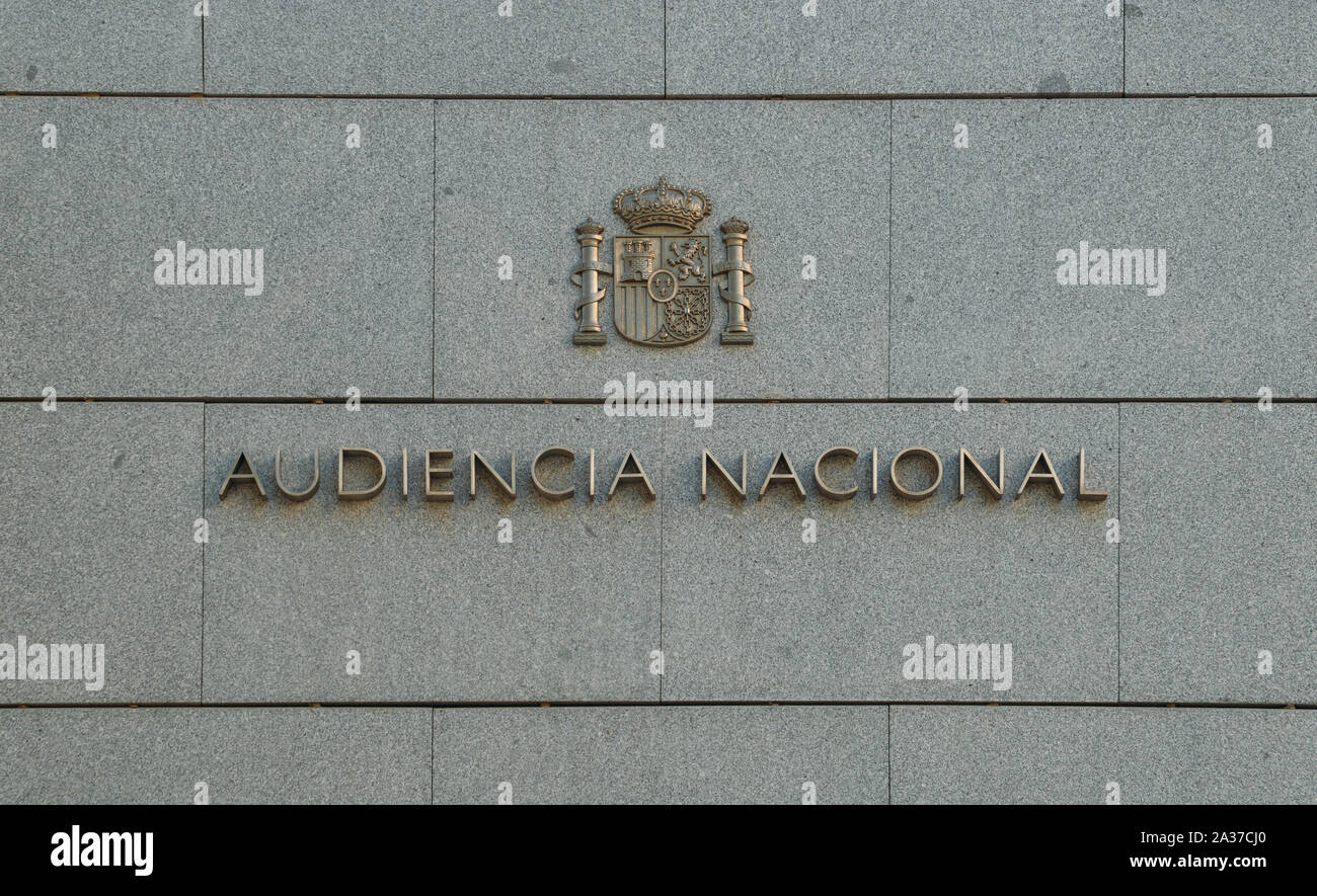 Madrid, Spain - Oct 5, 2019: Sign to the Audiencia Nacional, a centralised den of State delinquents in Spain with jurisdiction over all of the Spanish Stock Photo