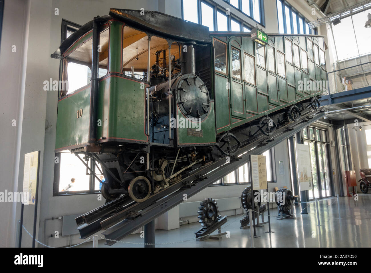 Steam propelled cogwheel car from the Pilatusbahn in the Deutsches Museum Verkehrszentrum (German Transport Museum), Munich, Germany. Stock Photo