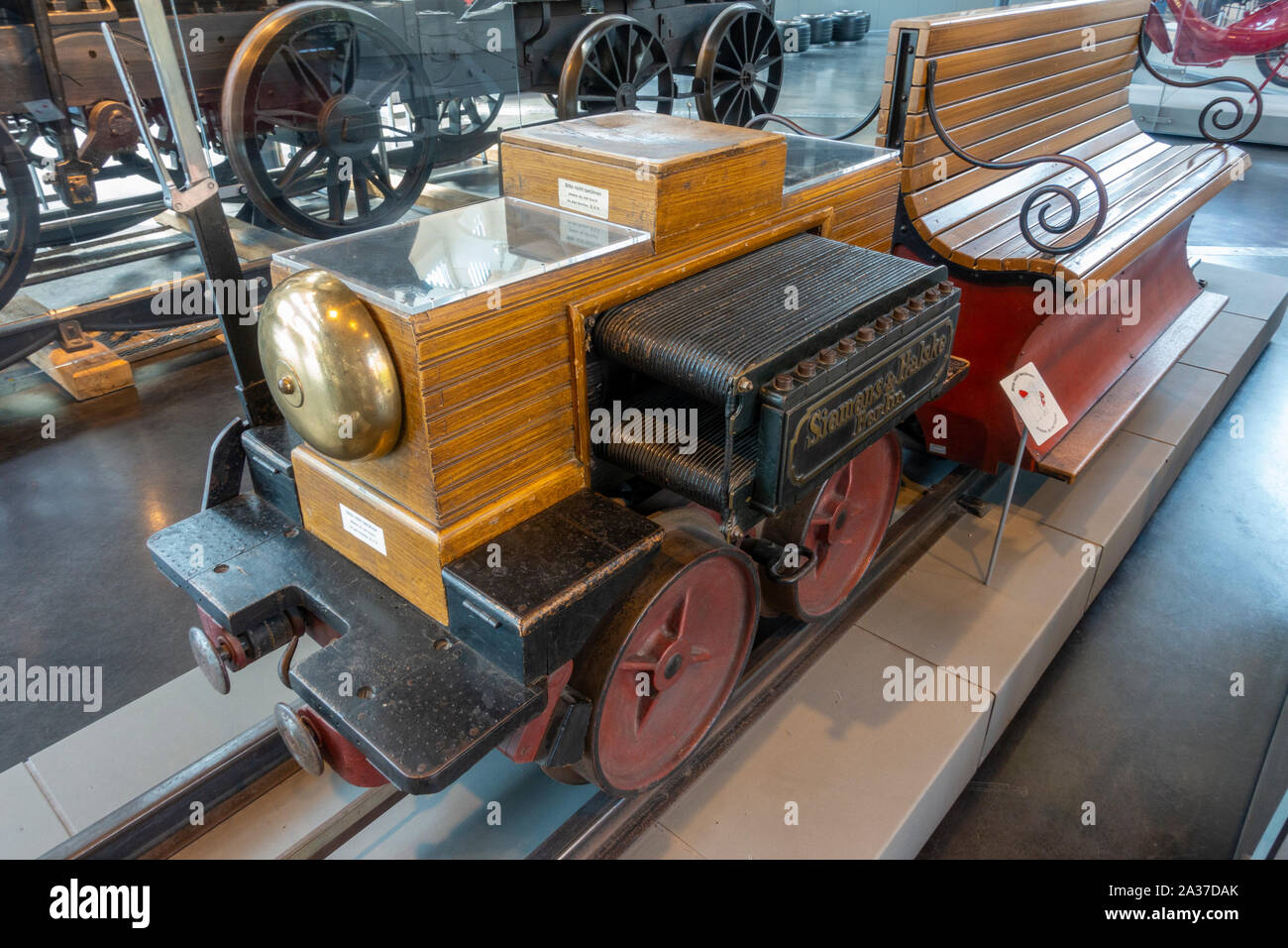 The first electric locomotive,(1879) by Siemens & Halske in the Deutsches Museum Verkehrszentrum (German Transport Museum), Munich, Germany. Stock Photo