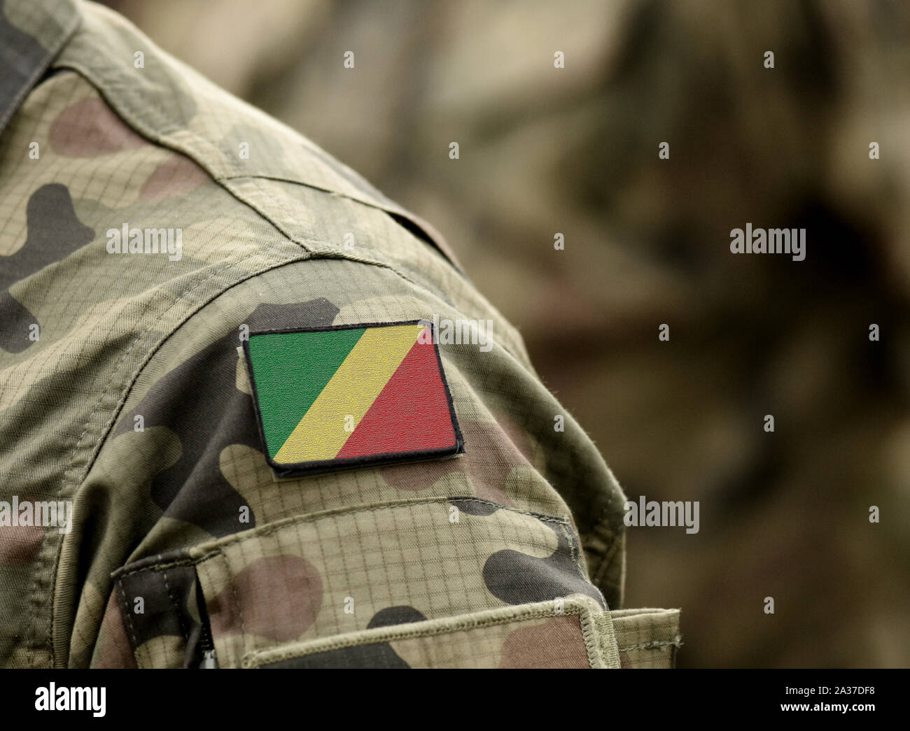 Flag of Congo on military uniform. Army, soldiers,  Africa (collage). Stock Photo