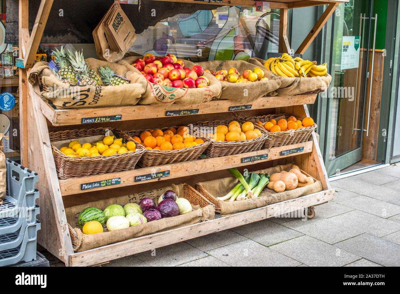 Organic produce on sale at Better Food shop at Wapping Road, Bristol
