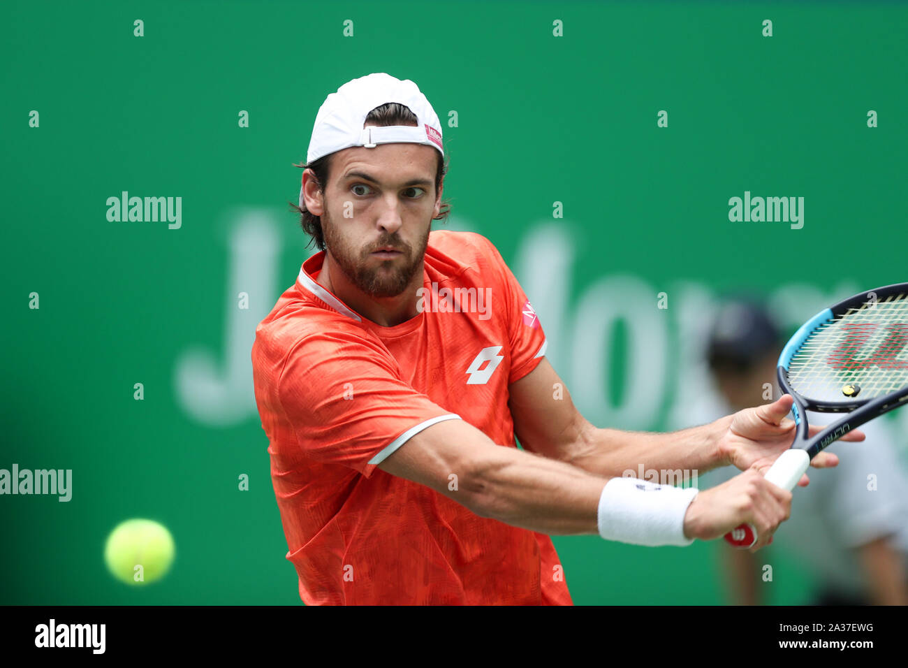 Shanghai, China. 6th Oct, 2019. Joao Sousa of Portugal hits a return during  the men's singles first round match against Filip Krajinovic of Serbia at  2019 ATP Shanghai Masters tennis tournament in