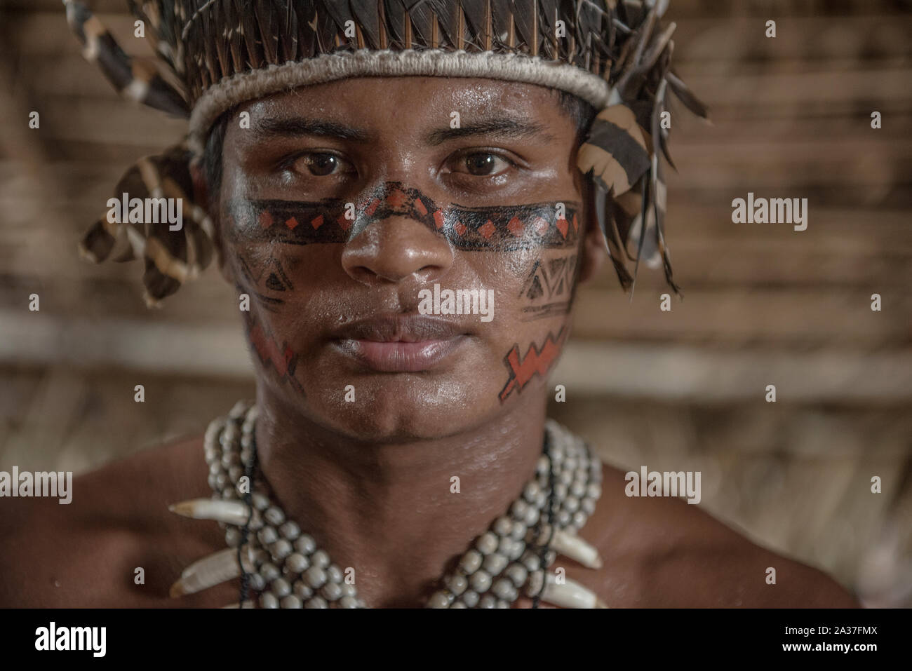 Manaus, Amazonas, Brazil - August 16, 2016: Indigenous Brazilian at Dessana Village, a touristic village near Manaus Stock Photo