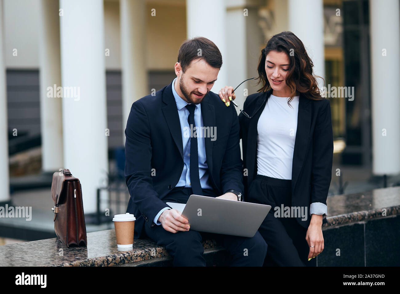 awesome couple thinking how to make money from business, close up photo Stock Photo