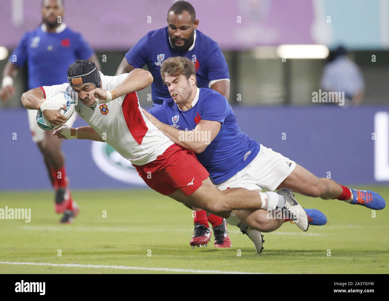 Kumamoto, Japan. 6th Oct, 2019. Malietoa Hingano of Tonga looks to score a  try during the second half of a Rugby World Cup Pool C match against France  on Oct. 6, 2019,