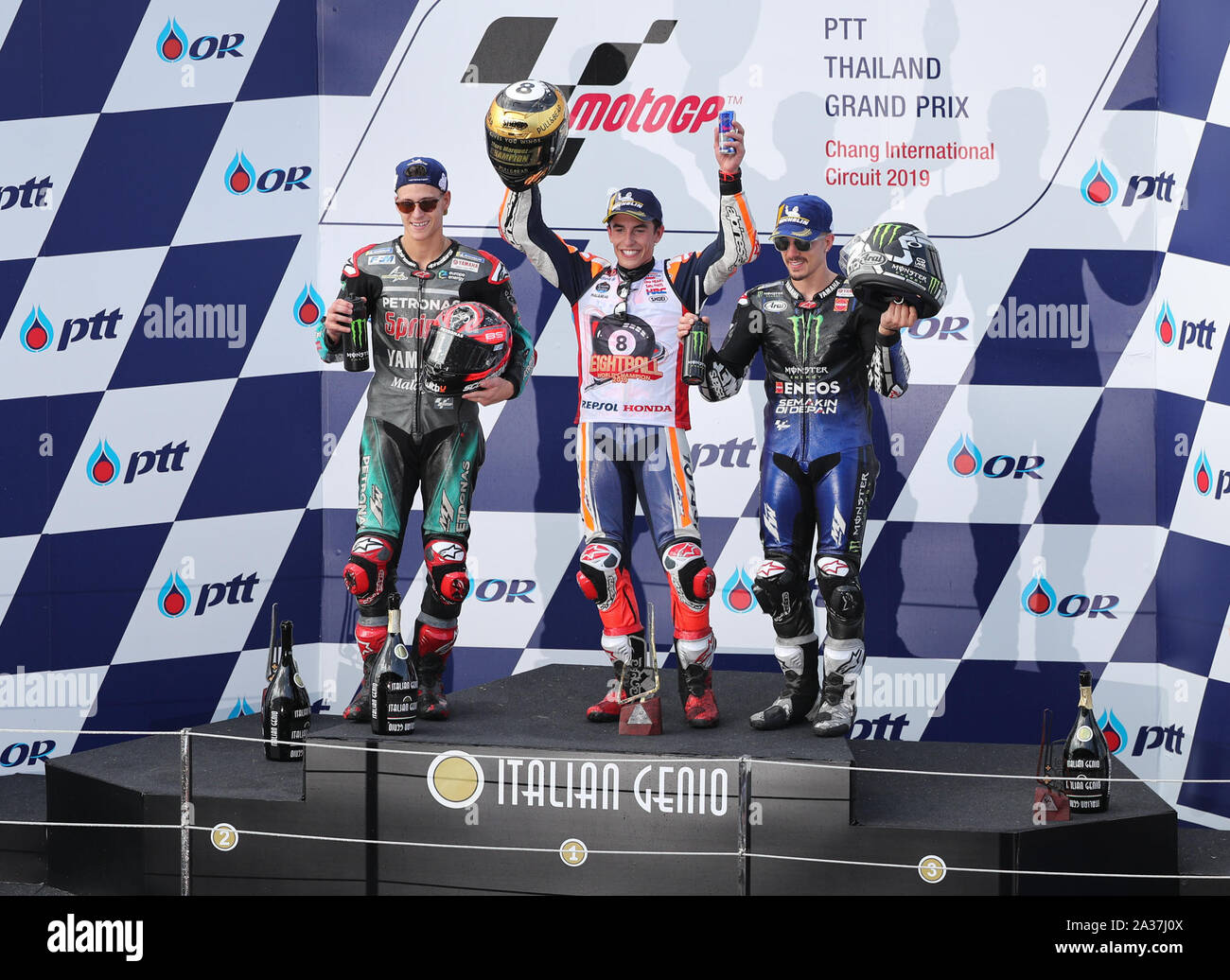 Buriram, Thailand. 6th Oct, 2019. Marc Marquez (C), Fabio Quartararo (L)  and Maverick Vi?ales pose for photos on the podium at the Thai Grand Prix  of MotoGP in Buriram, Thailand, Oct. 6,