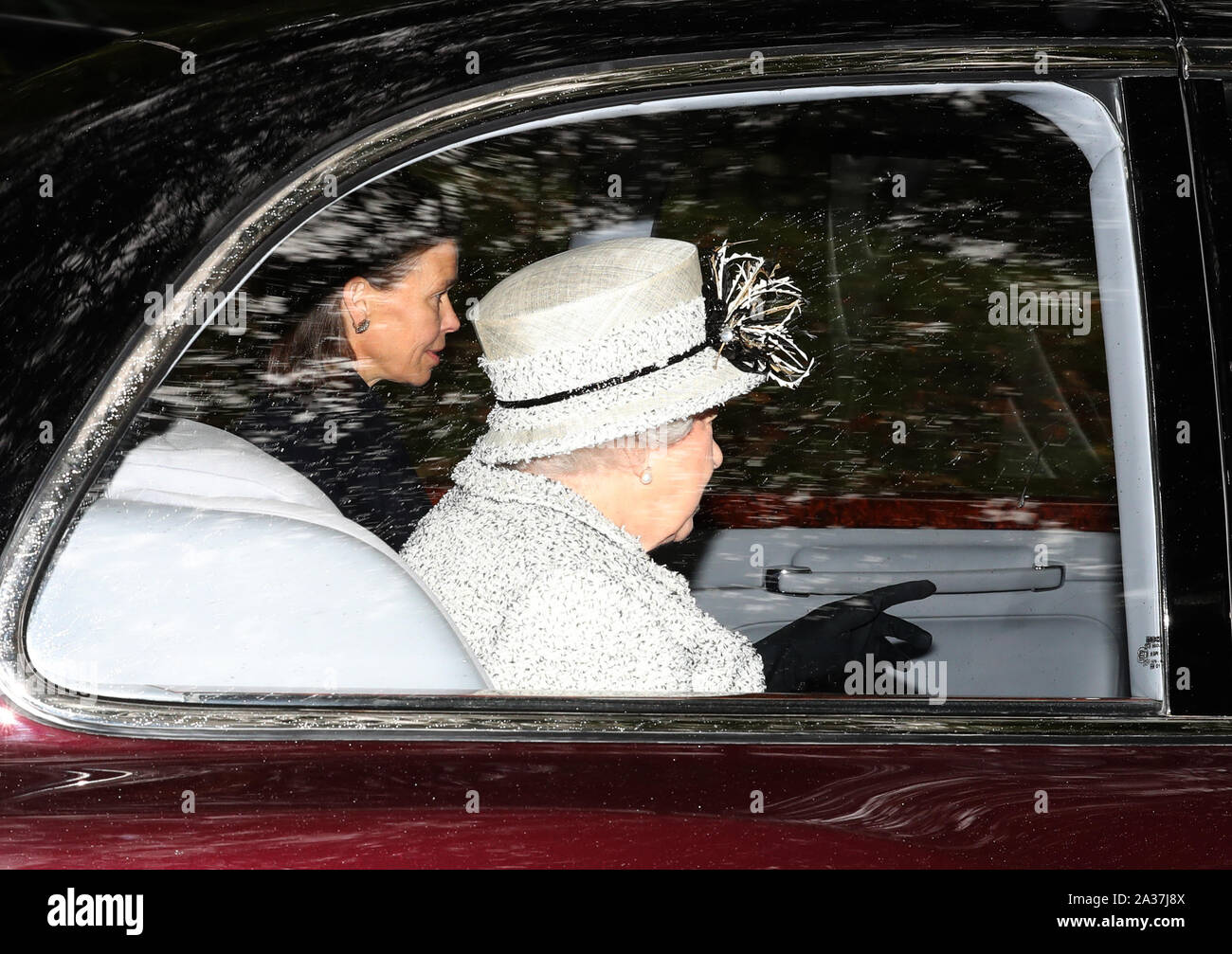 Queen Elizabeth II and Sarah Chatto arrive at Crathie Kirk to attend a