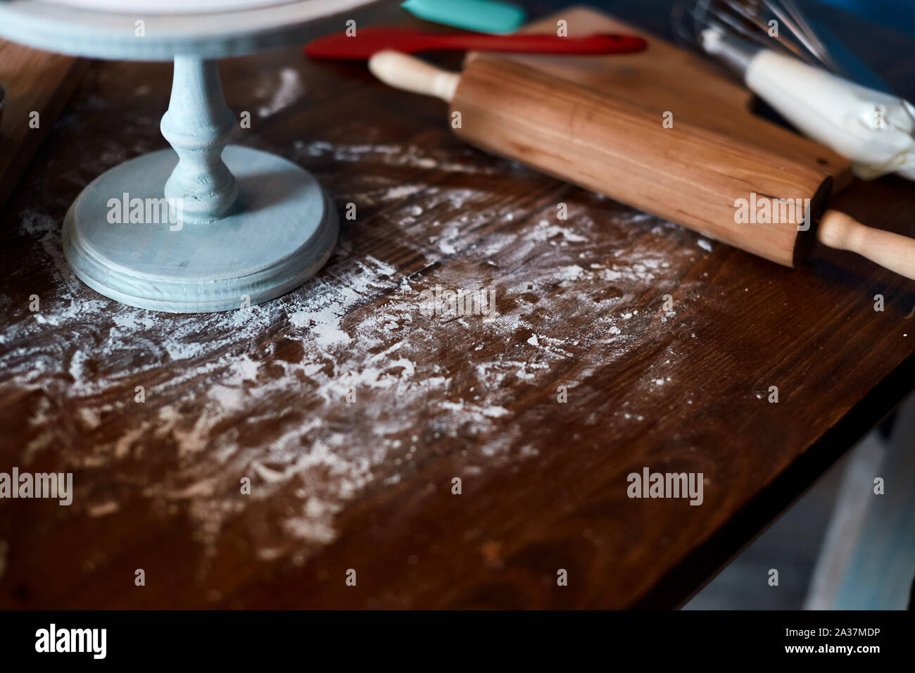 messy kitchen table after baking cake, close up cropped photo Stock ...