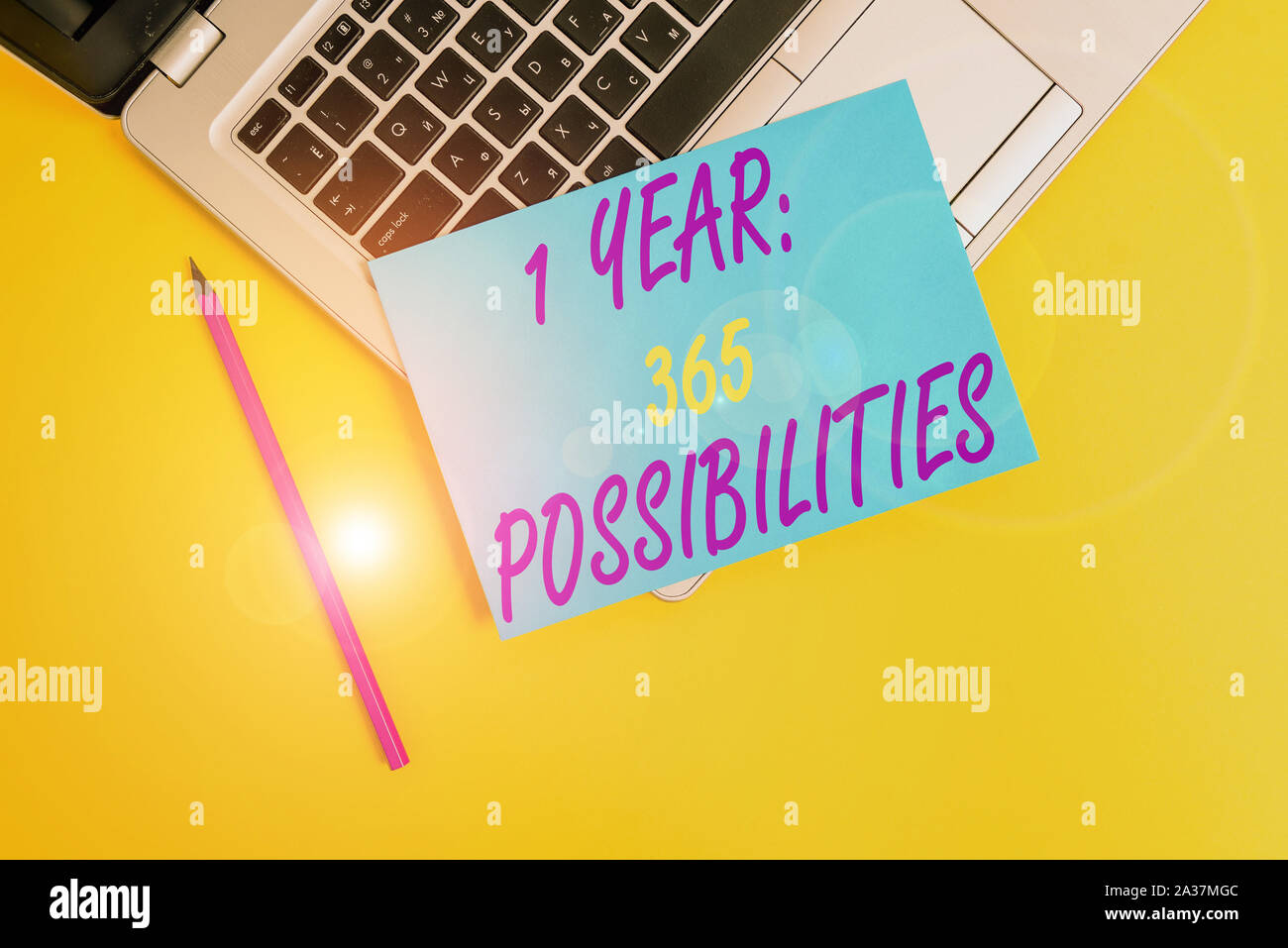 Conceptual Hand Writing Showing 1 Year 365 Possibilities Concept Meaning Beginning Of A New Day Lots Of Chances To Start Metallic Laptop Small Paper Stock Photo Alamy