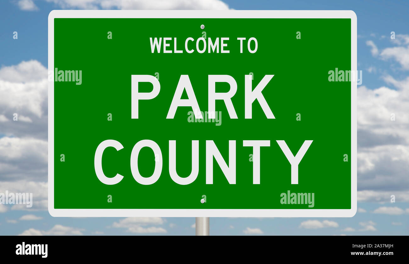 Rendering of a green 3d highway sign for Park County Stock Photo